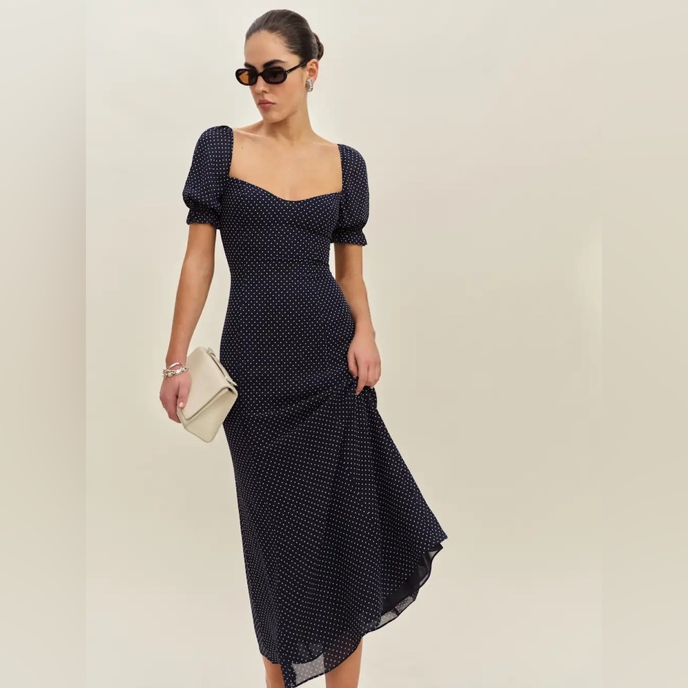 Reformation Navy Blue Polka Dot Midi Dress